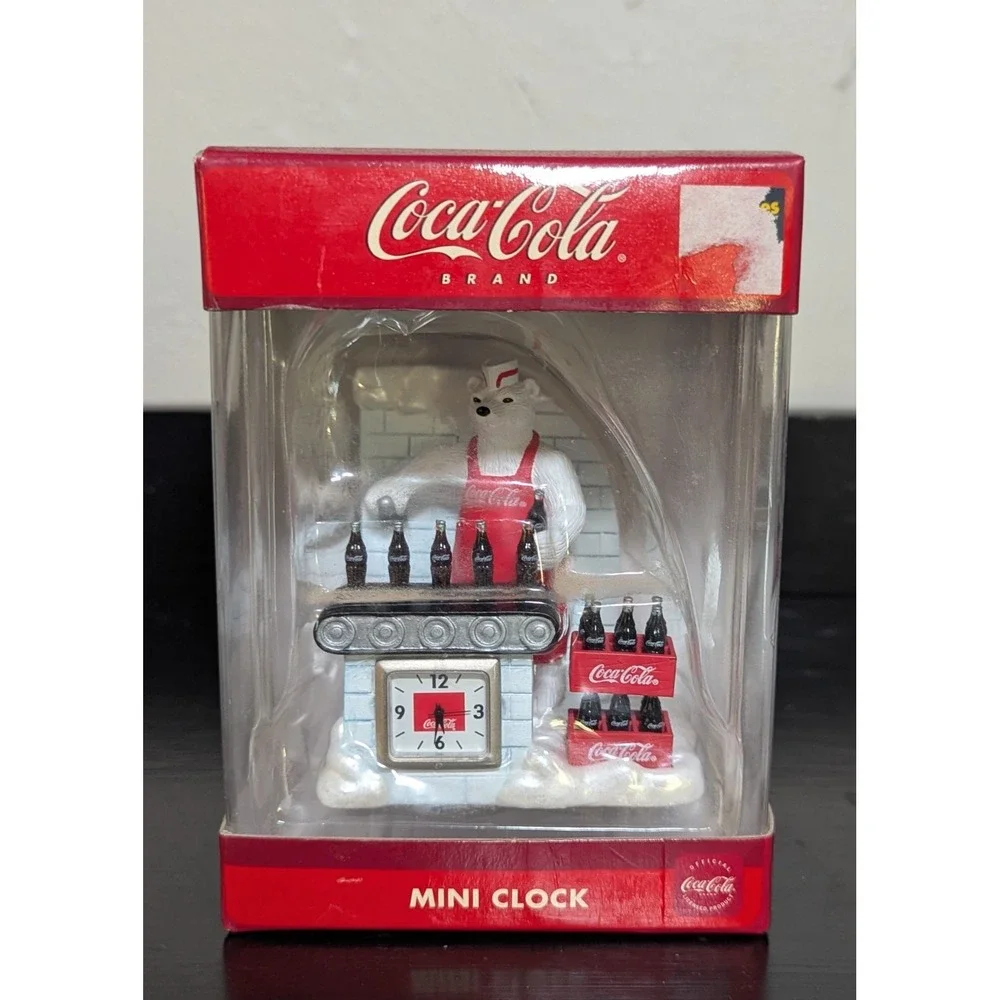 Vintage Coca-Cola Polar Bear Mini Clock Conveyer Belt Bottling Line NIB Unopened